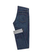 Dark Blue Stretch Jeans, flat lay side view with the cuffed hem turned up