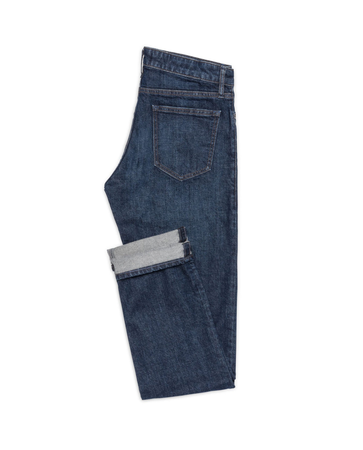 Dark Blue Stretch Jeans, flat lay side view with the cuffed hem turned up