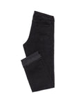 Black Stretch Jeans, flat lay side view with the cuffed hem turned up