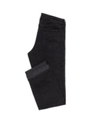 Black Stretch Jeans, flat lay side view with the cuffed hem turned up