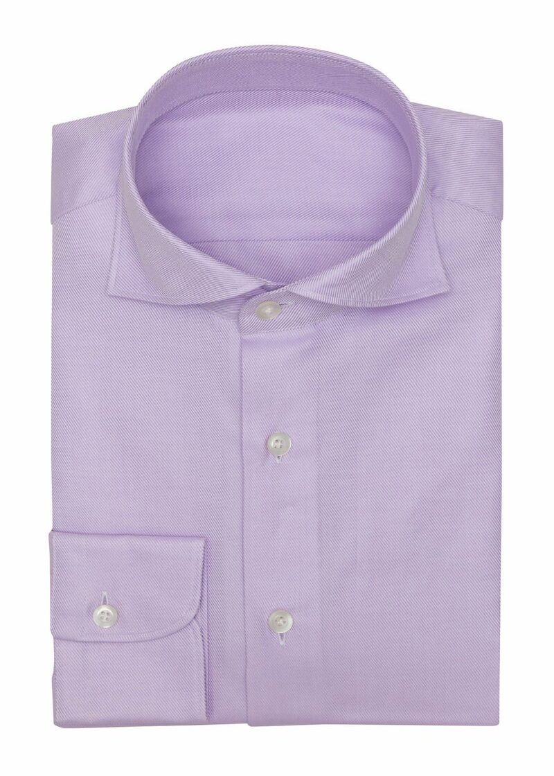 Twill lilac shirt folded flat, front view with collar and cuffs visible