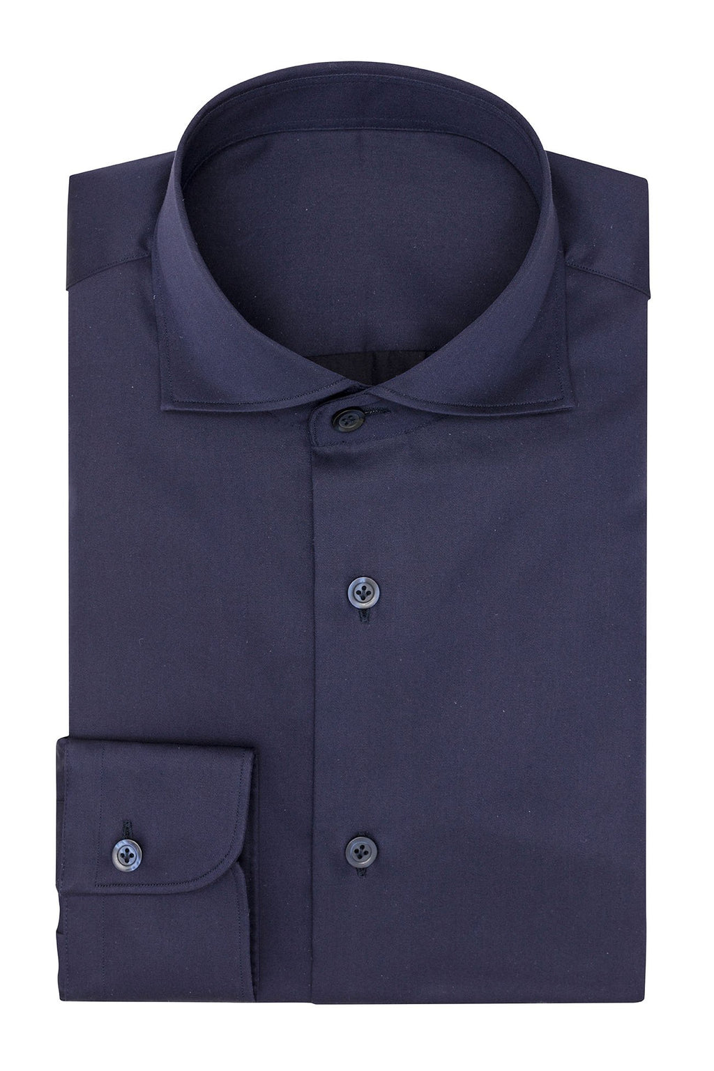 Satin dark blue shirt folded flat, front view with collar and cuffs visible