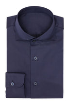 Satin dark blue shirt folded flat, front view with collar and cuffs visible