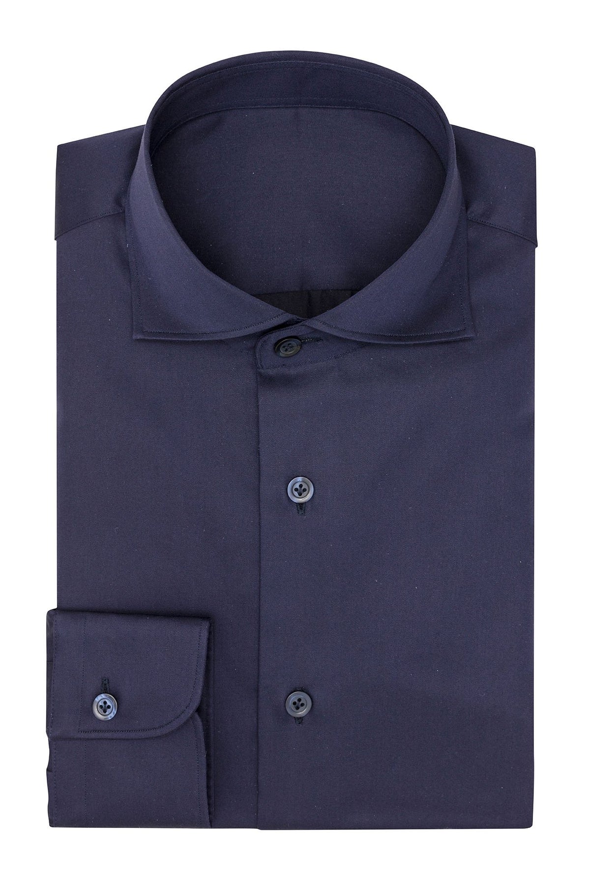 Satin dark blue shirt folded flat, front view with collar and cuffs visible