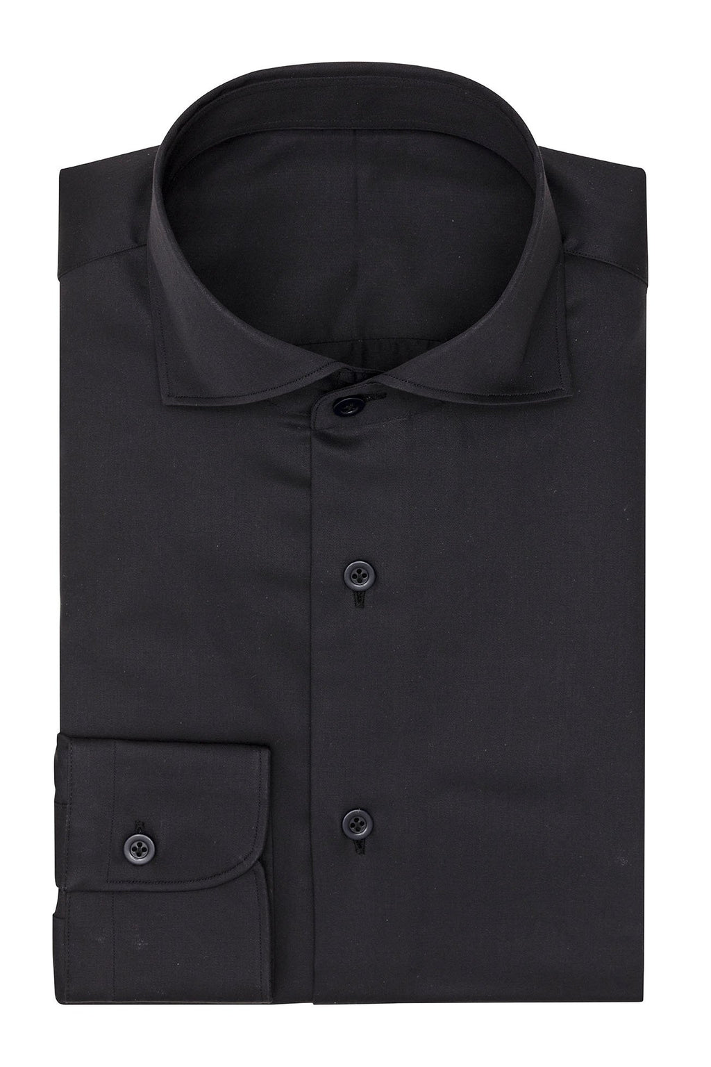 Satin piquet black shirt, folded flat on a plain background