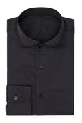 Satin piquet black shirt, folded flat on a plain background