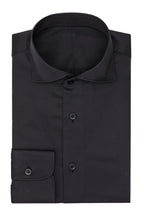 Satin piquet black shirt, folded flat on a plain background