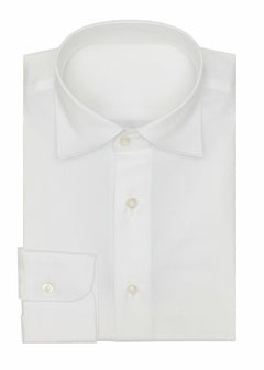 The Perfect Cotton White Shirt folded flat with collar and button placket, front view