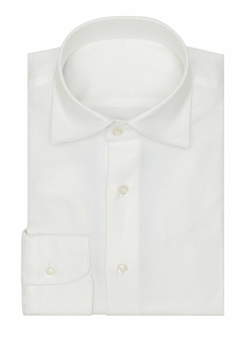 Dobby White Shirt folded flat with collar and button placket, front view
