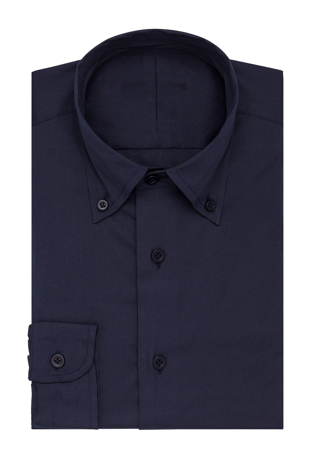 Stretch Dark Blue Shirt folded flat with button-down collar, front view