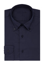 Stretch Dark Blue Shirt folded flat with button-down collar, front view
