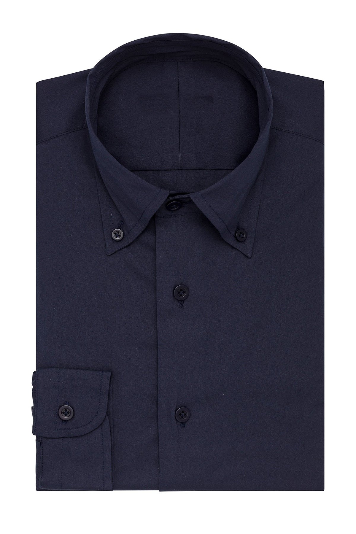 Stretch Dark Blue Shirt folded flat with button-down collar, front view