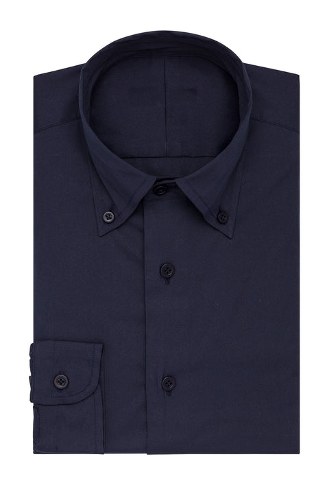 Stretch Dark Blue Shirt folded flat with button-down collar, front view