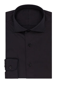 Stretch Black Shirt folded flat with collar and button placket, front view