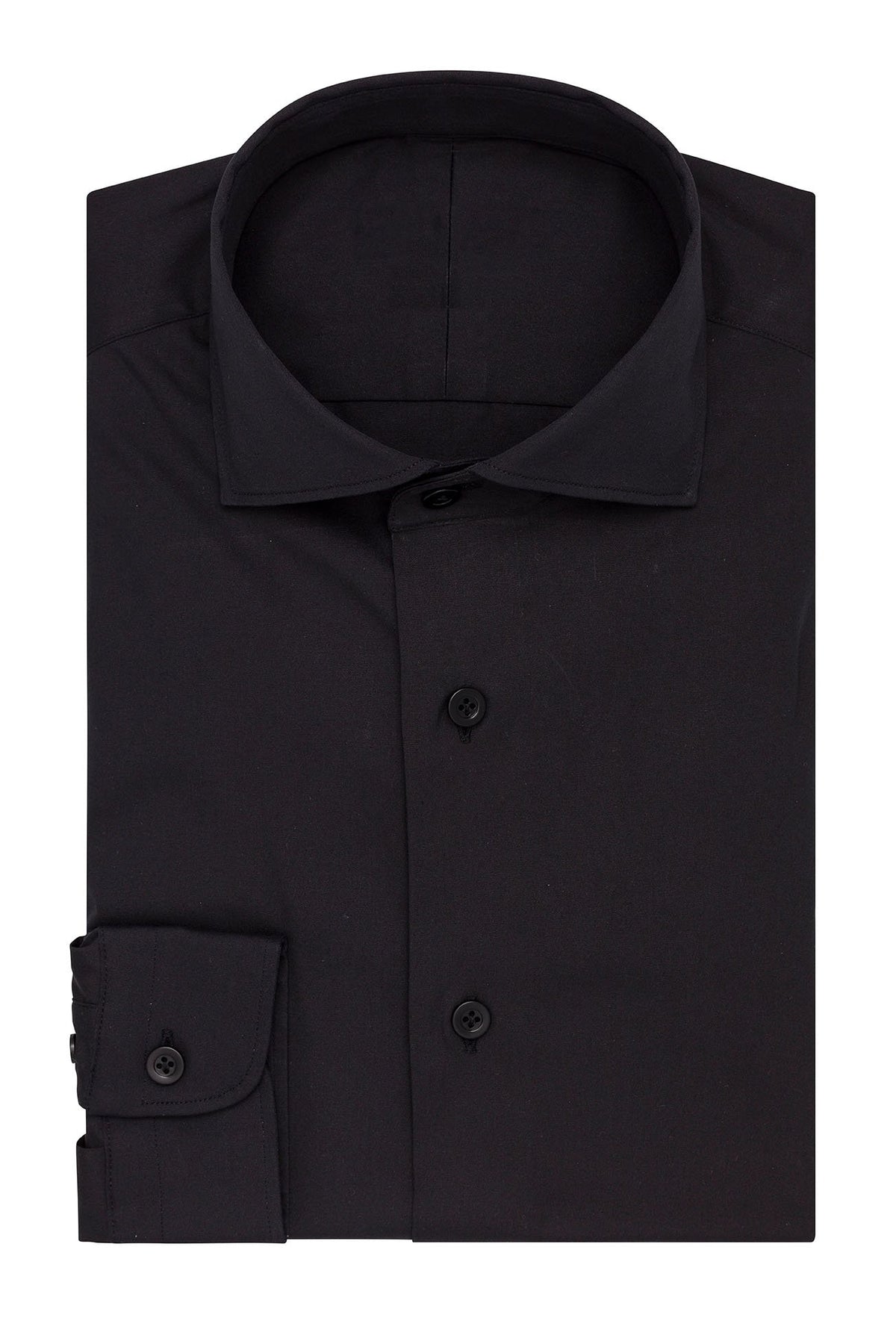 Stretch Black Shirt folded flat with collar and button placket, front view