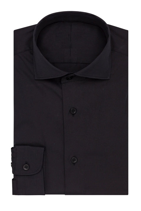 Stretch Black Shirt folded flat with collar and button placket, front view