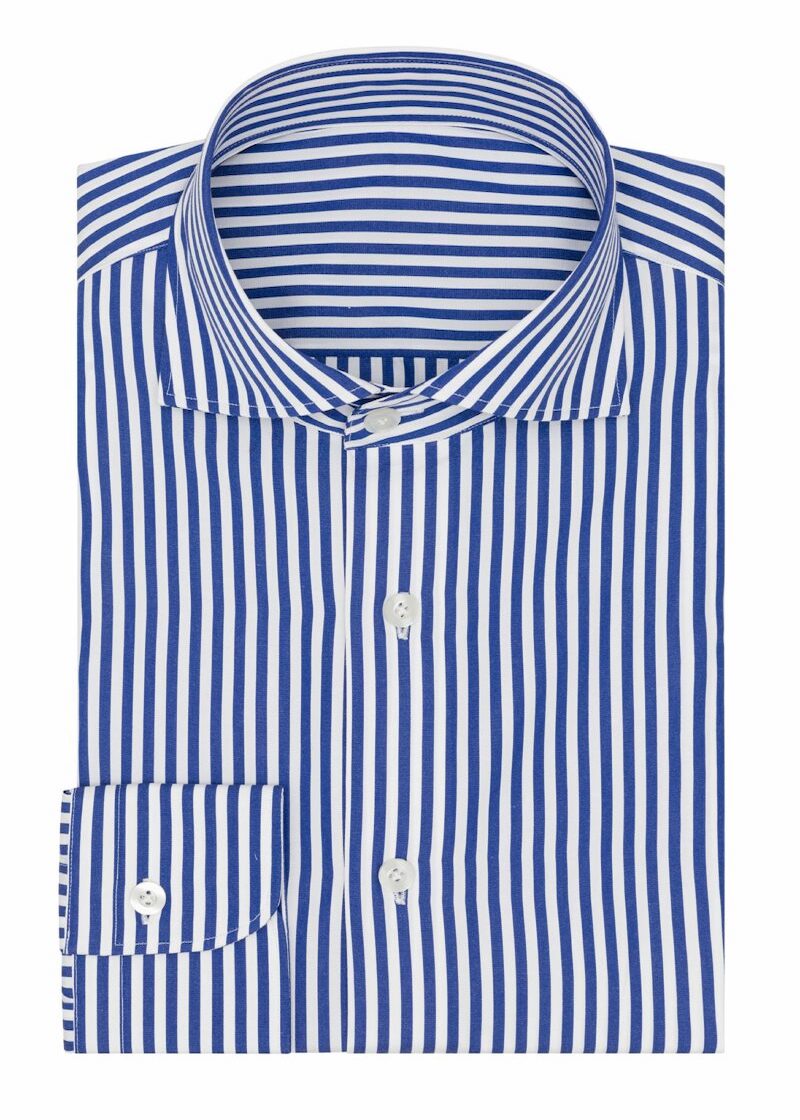 Stripe Dark Blue Shirt folded flat lay showing collar and cuff