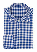 Gingham Blue Shirt folded flat, showing collar, buttons and cuff