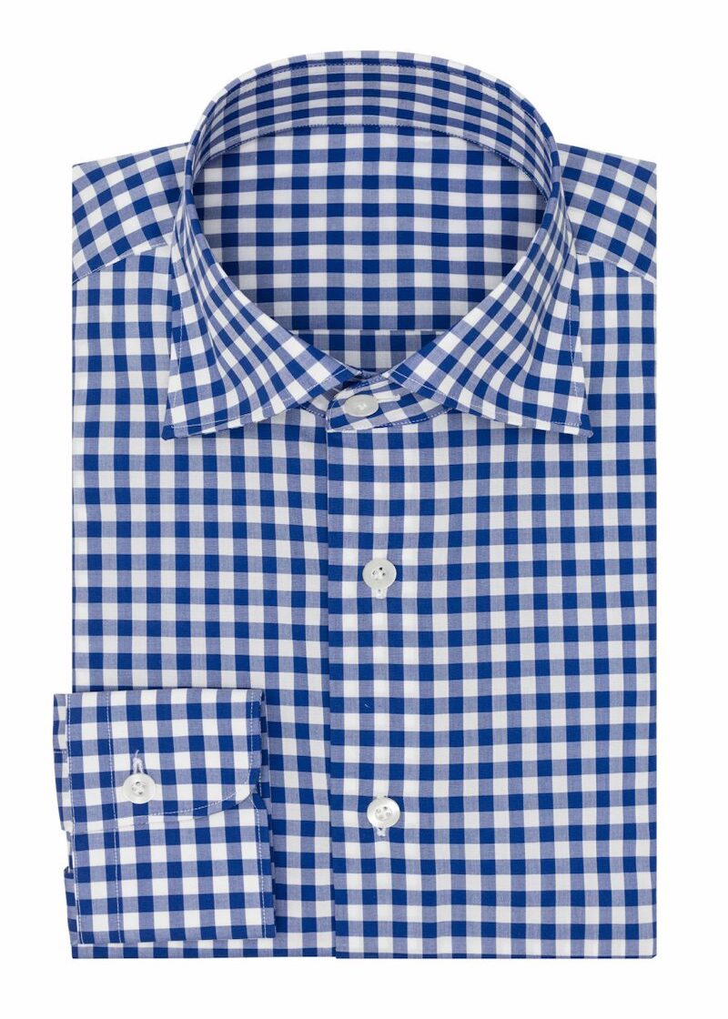 Gingham Blue Shirt folded flat, showing collar, buttons and cuff