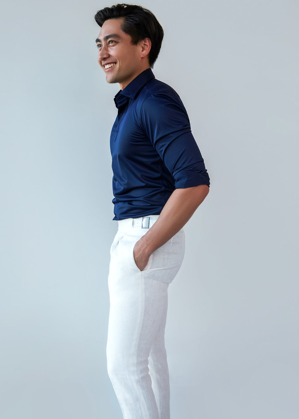 White Linen Pants, full-length side profile view styled with a navy shirt