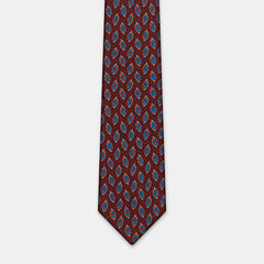 Taipei Tie in a burgundy paisley print, flat lay close-up of the blade tip
