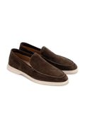 The Amalfi Dark Brown Suede Loafer, pair on white