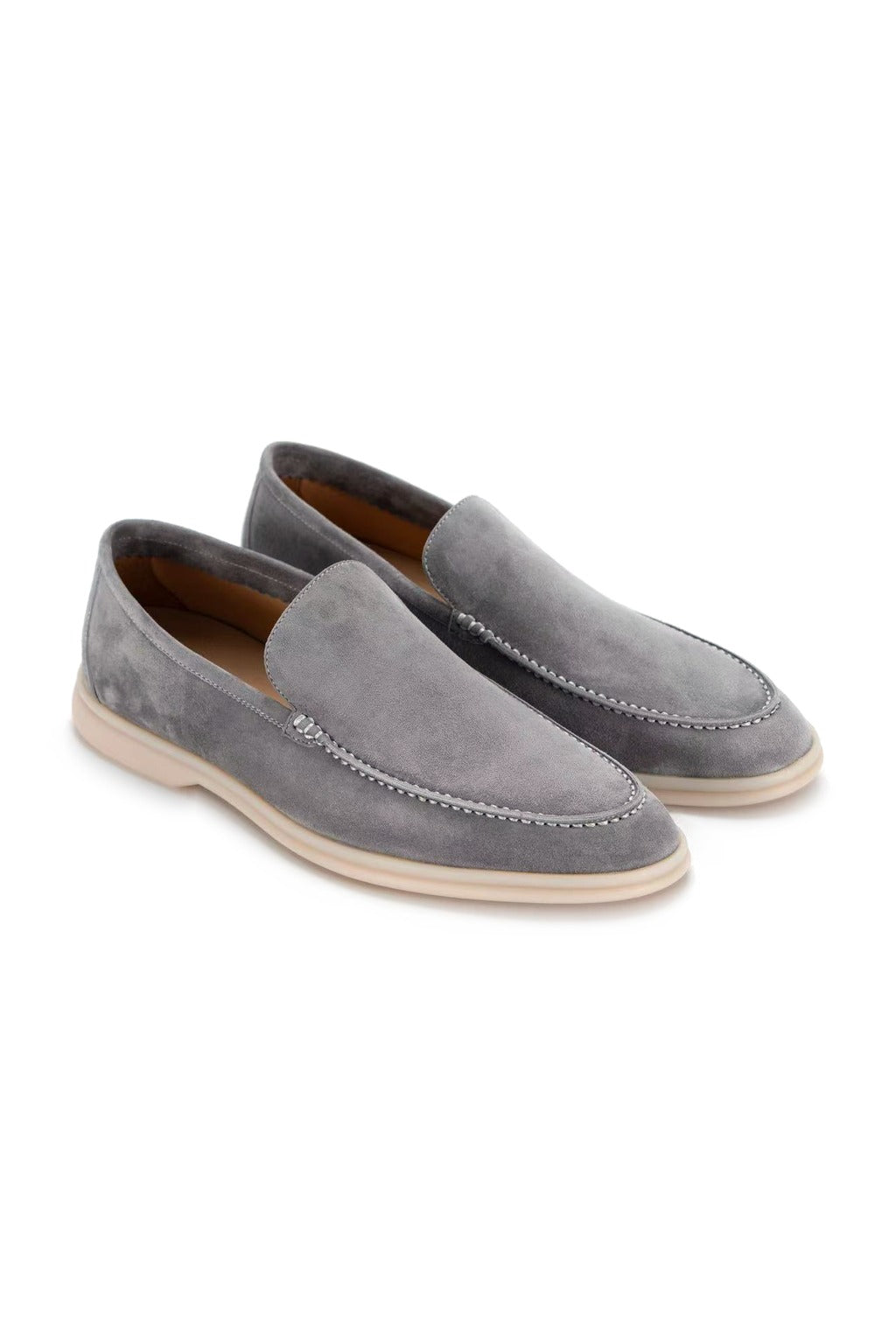 The Amalfi Grey Suede Loafer, pair on white