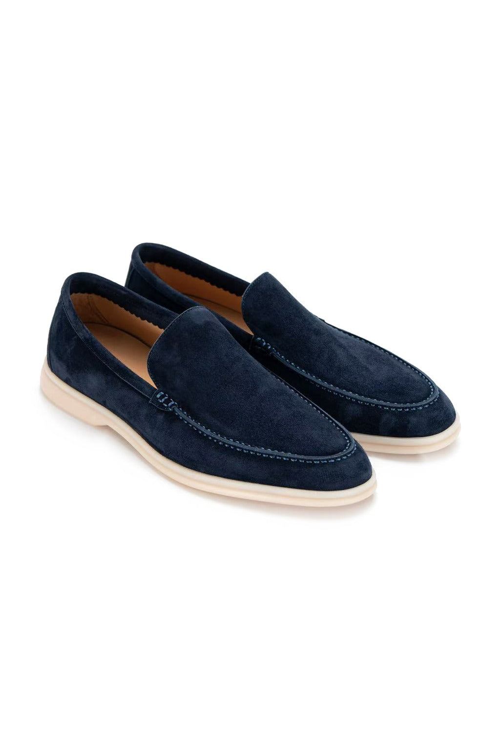 The Amalfi Navy Suede Loafer, pair on white