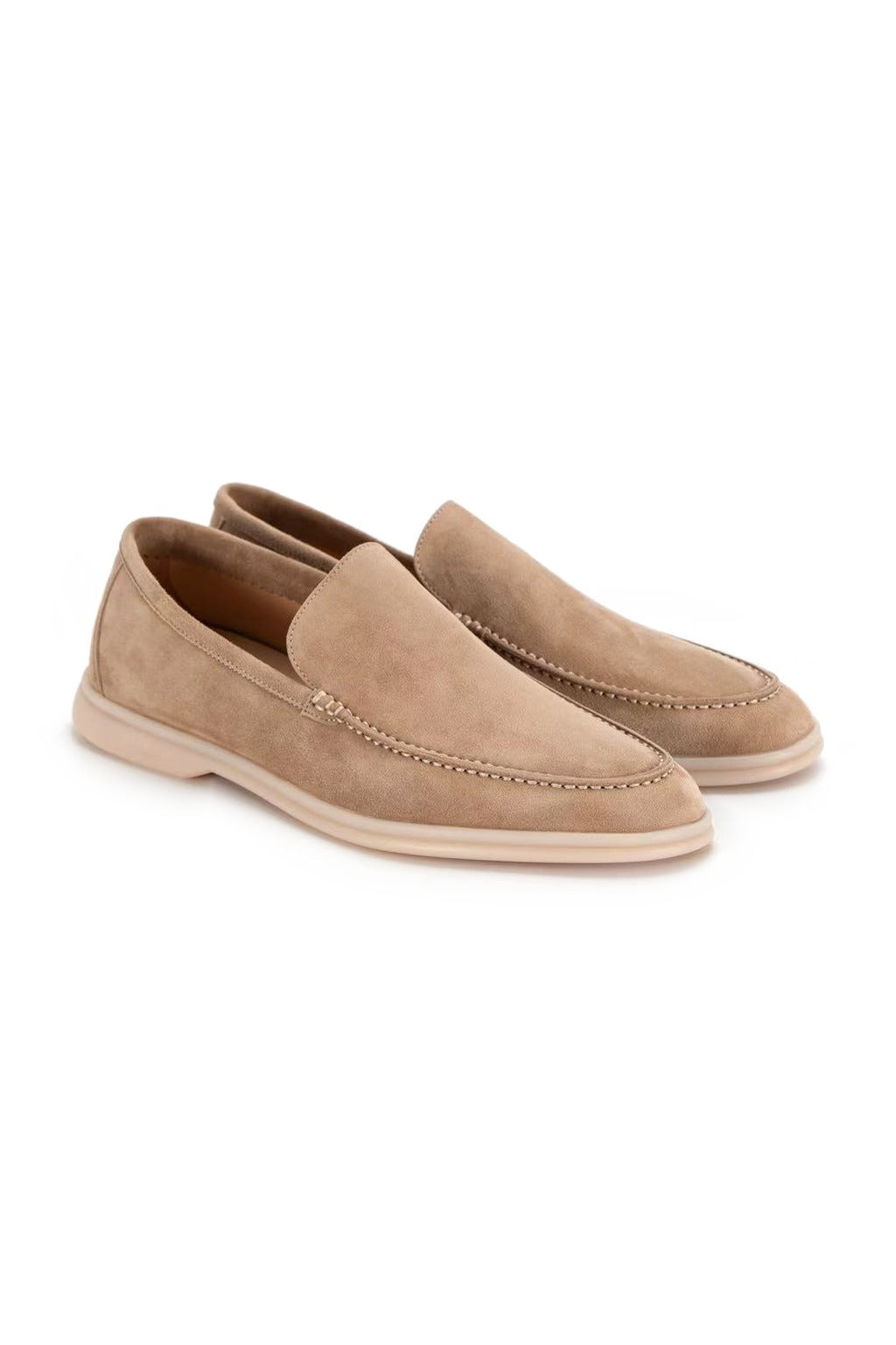 The Amalfi Sand Suede Loafer, pair on white