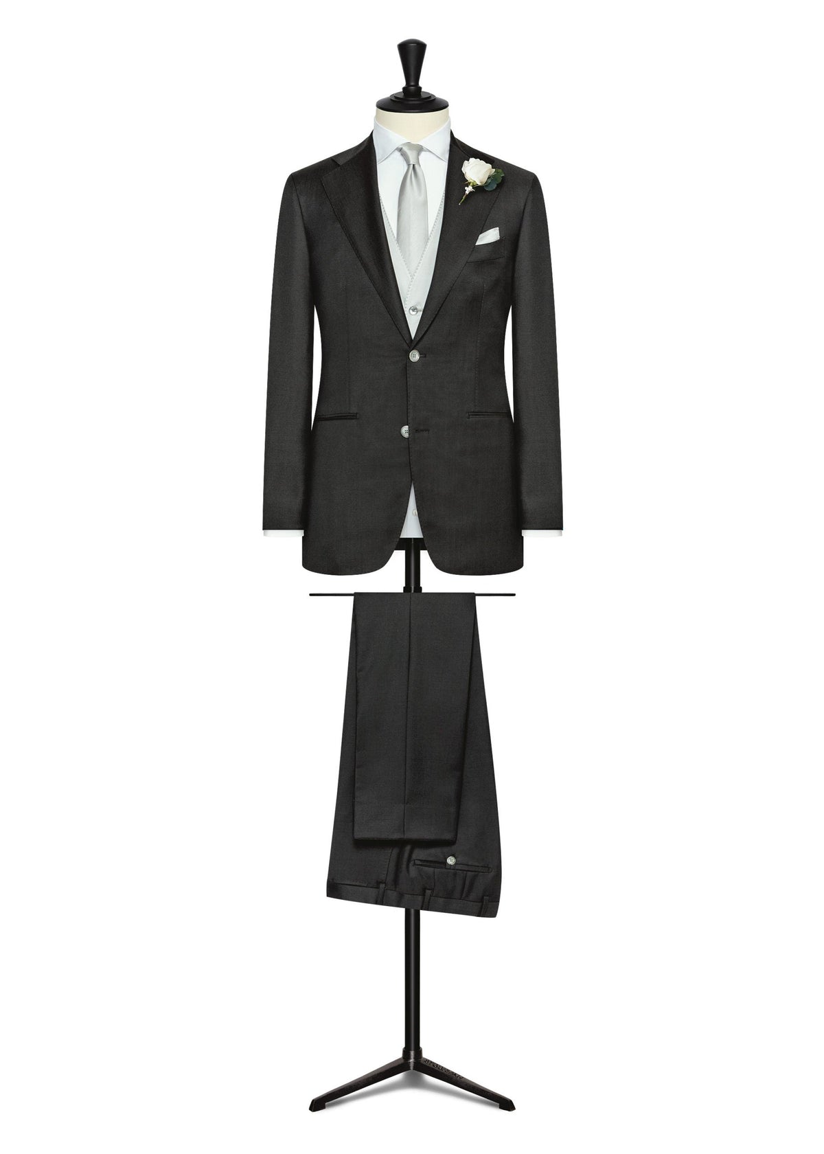 English Street Anthracite Twill Wool Suit displayed on a stand with a silver-grey tie