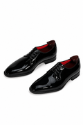 The James Black Patent Dress Shoe, angled shot of the pair showing the red interior lining
