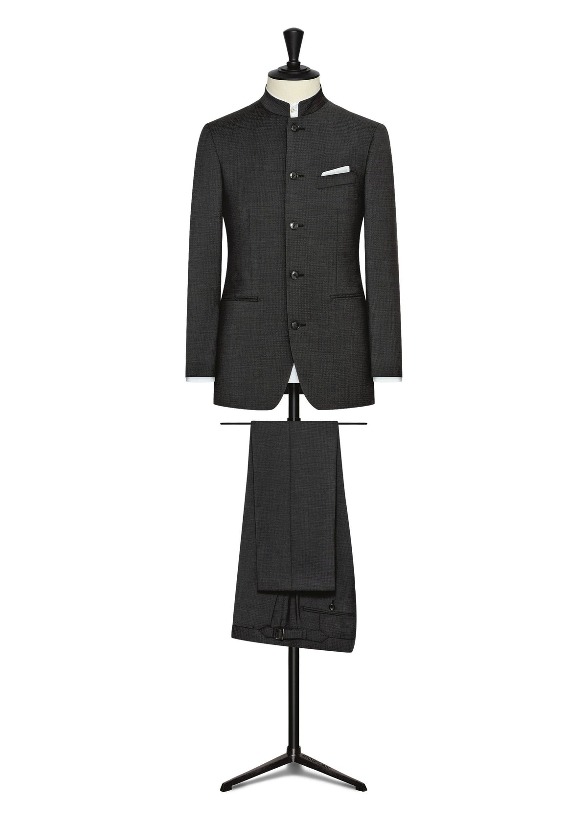 Dadabhai Black Nehru Suit displayed on a stand with a mandarin collar and pocket square