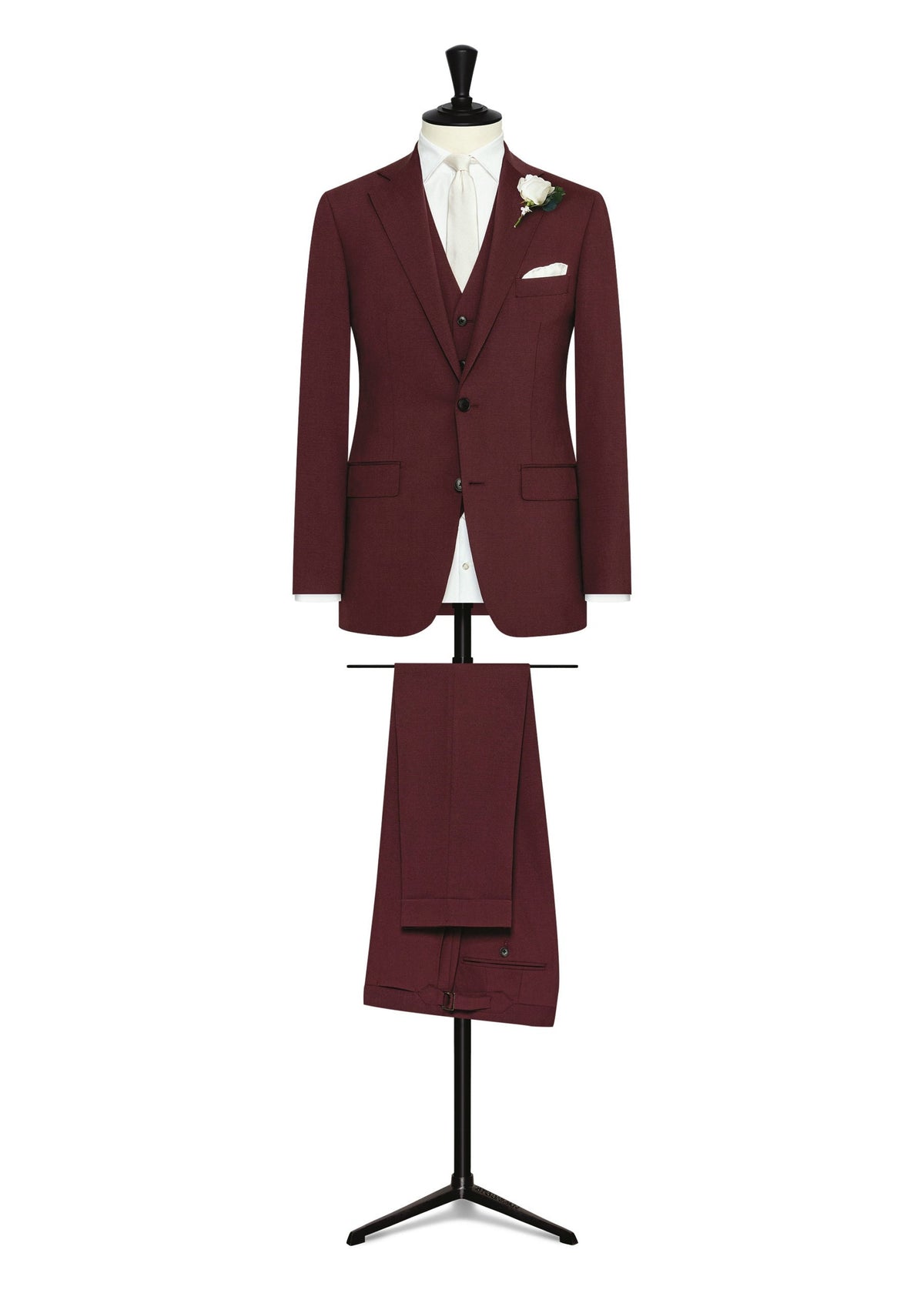 Broadway Burgundy Wool 2.0 Suit displayed on a tailor's dress form with a cream tie