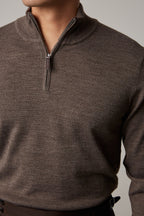 Close-up of the brown Cosmo jumper's zip, cropped to show the waistband