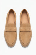 The Echelon Beige Suede Penny Loafer pair on white, top-down view of the penny strap