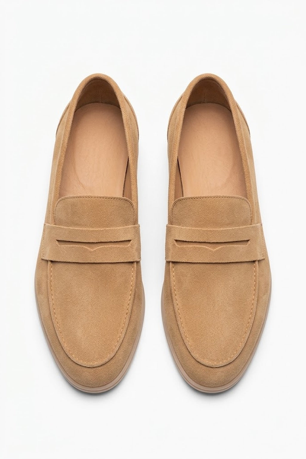 The Echelon Beige Suede Penny Loafer pair on white, top-down view of the penny strap