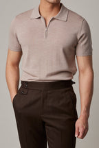 Fireball Zip Polo Beige worn with dark brown trousers, front view of the collar
