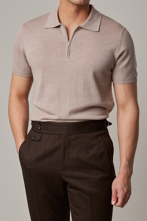 Fireball Zip Polo Beige worn with dark brown trousers, front view of the collar