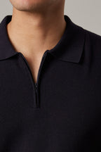 Close-up of the quarter-zip collar and zip pull on the Fireball Zip Polo Navy