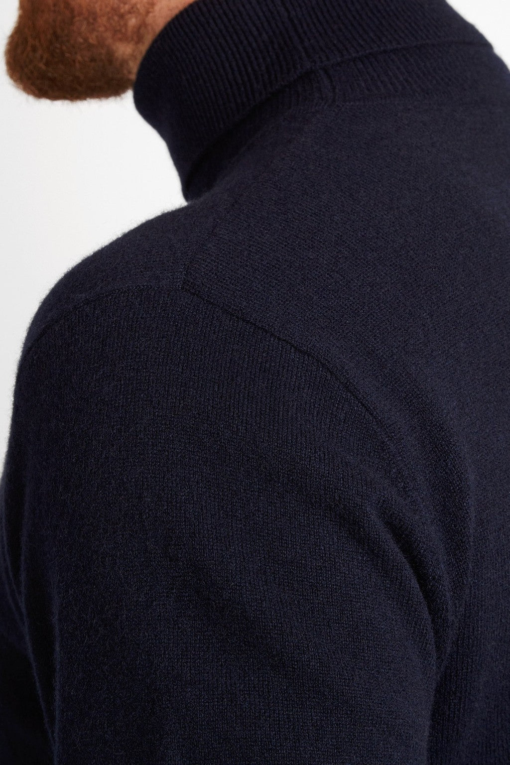 Irish Coffee Turtleneck Navy, wider back-view crop showing knit texture across the shoulder