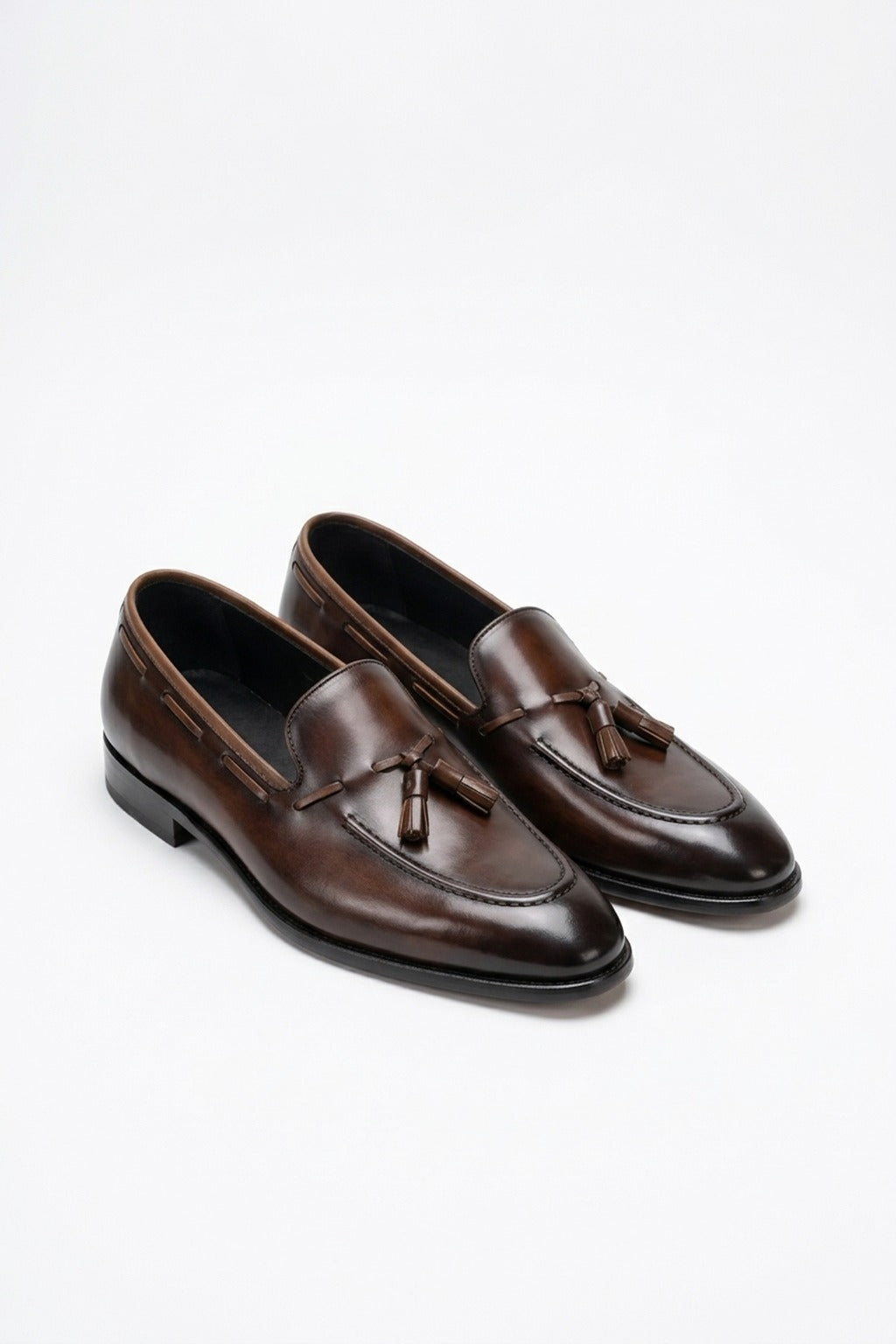 The Lukas Dark Brown Leather Tassel Loafer, pair in the studio