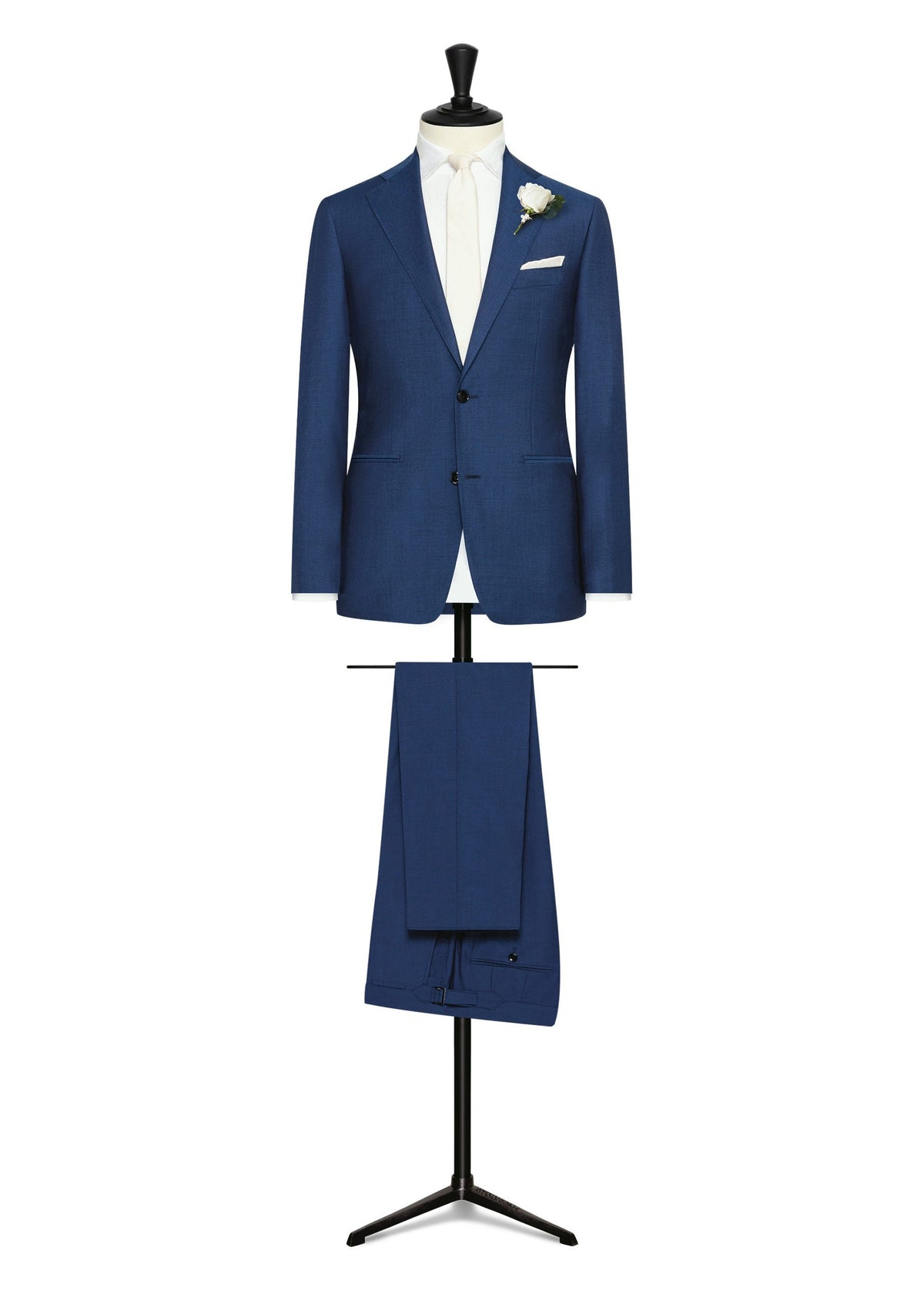 Barrington Royal Blue Wool Suit on a mannequin, styled with a cream tie and boutonniere
