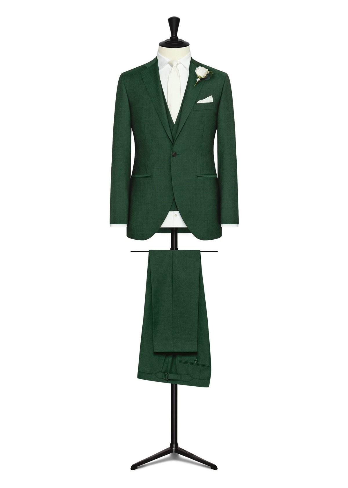 Du Chateau Sage Green Wool Suit on a mannequin with a cream tie and boutonniere