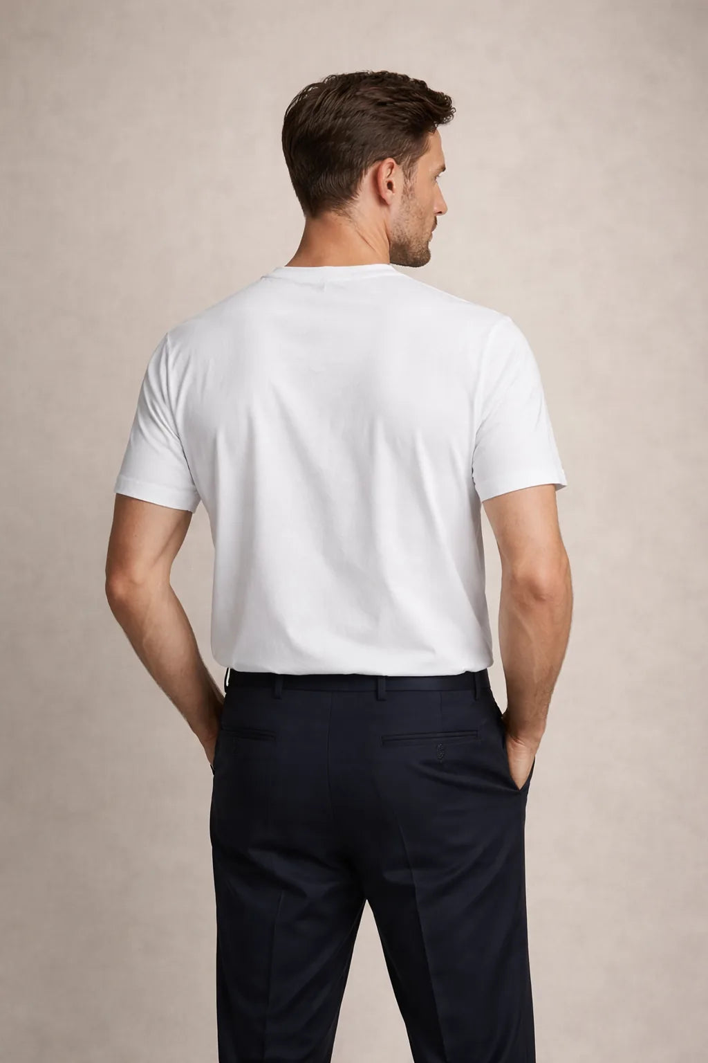 The Essential White Tee, back view showing the plain crew neckline and hem
