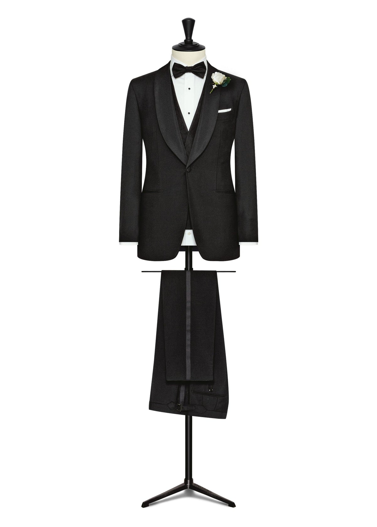 Champs-Elysees Black Tuxedo with shawl lapel on a mannequin, bow tie and boutonniere