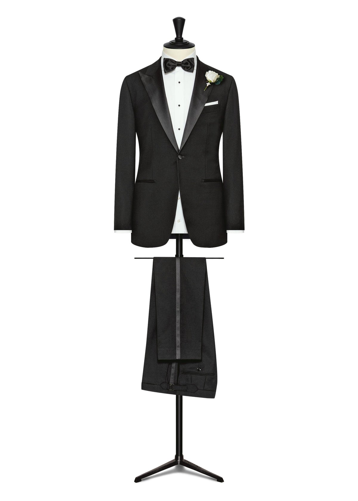 Acorn Street Black Wool Tuxedo displayed on a tailor's dress form with a bow tie