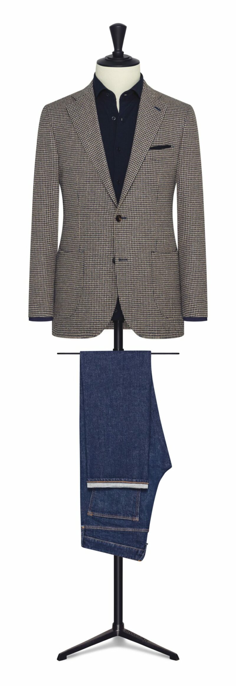 Beige-Navy Stretch Cotton Blend With Micro-Check Jacket