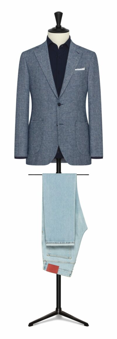Blue-White Linen-Wool Blend With Micro-Design Jacket